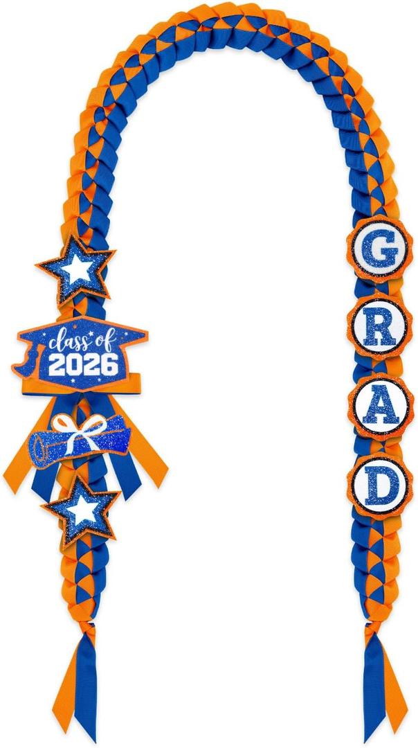 CiyvoLyeen Class of 2026 Graduation Leis with Glitter Pins Handmade Double Braided Ribbon Garland Money Holder Bowknot Congrats Grad Ceremony Gift Idea Orange and Blue Graduation Decorations 2026