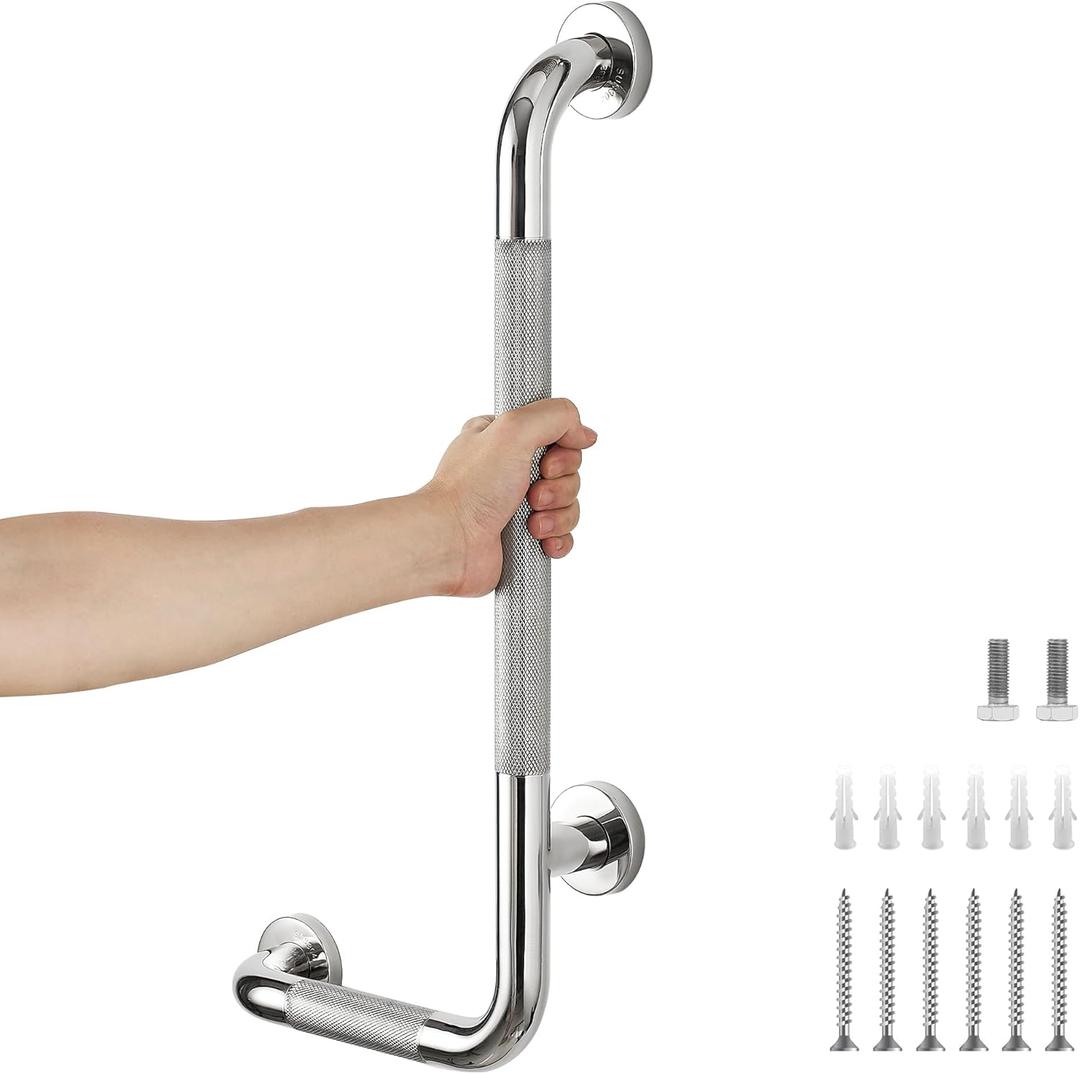 L-Shaped Grab Bars for Shower, 24x12 Inch Stainless Steel Grab Bars for Elderly for Wall Mount, Anti-Slip Knurled Grip Bathroom Safety Rail, Left