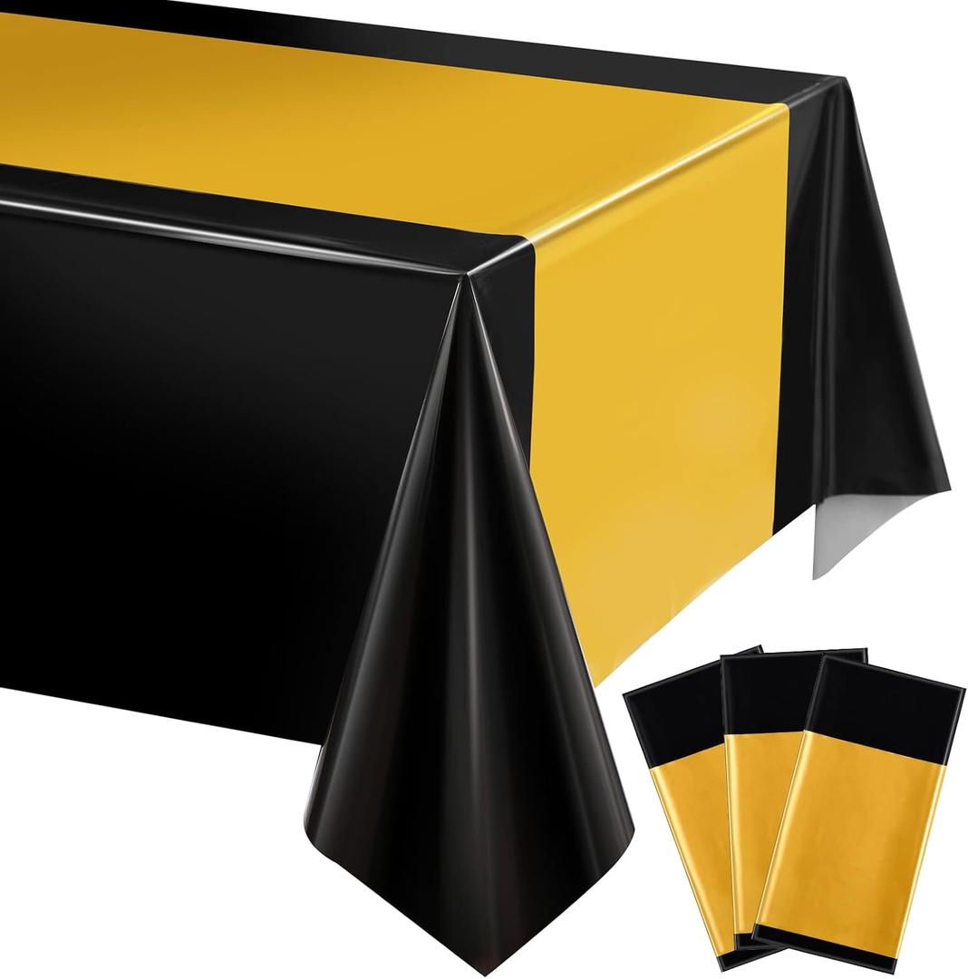Tatuo 3 Pcs Plastic Tablecloth Set Disposable Rectangle Table Cover and Table Runner for Graduation Baby Shower Bride Shower Party Birthday Wedding Anniversary Picnic Decoration (Black and Gold)