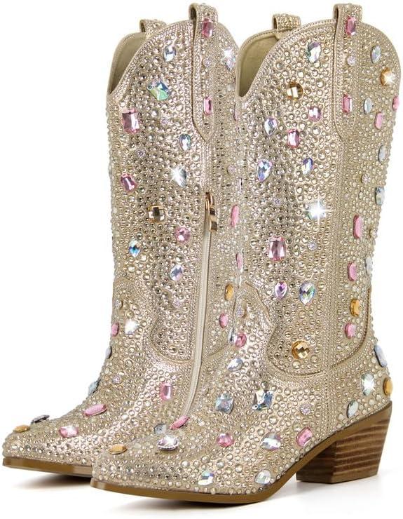 Richealnana Sparkly Gem Rhinestones Calf Mid High Boots for Women Cowboy Cowgirl Boots for Women 2INCH Heeled Pull Tabs Boots Gem (Gold, Size 8)