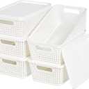 Plastic Storage Baskets With Lid, Storage Bins for Organizing, Stackable Decorative Containers for Shelves Drawers Desktop Closet Playroom Classroom Office, 6 Pack- White