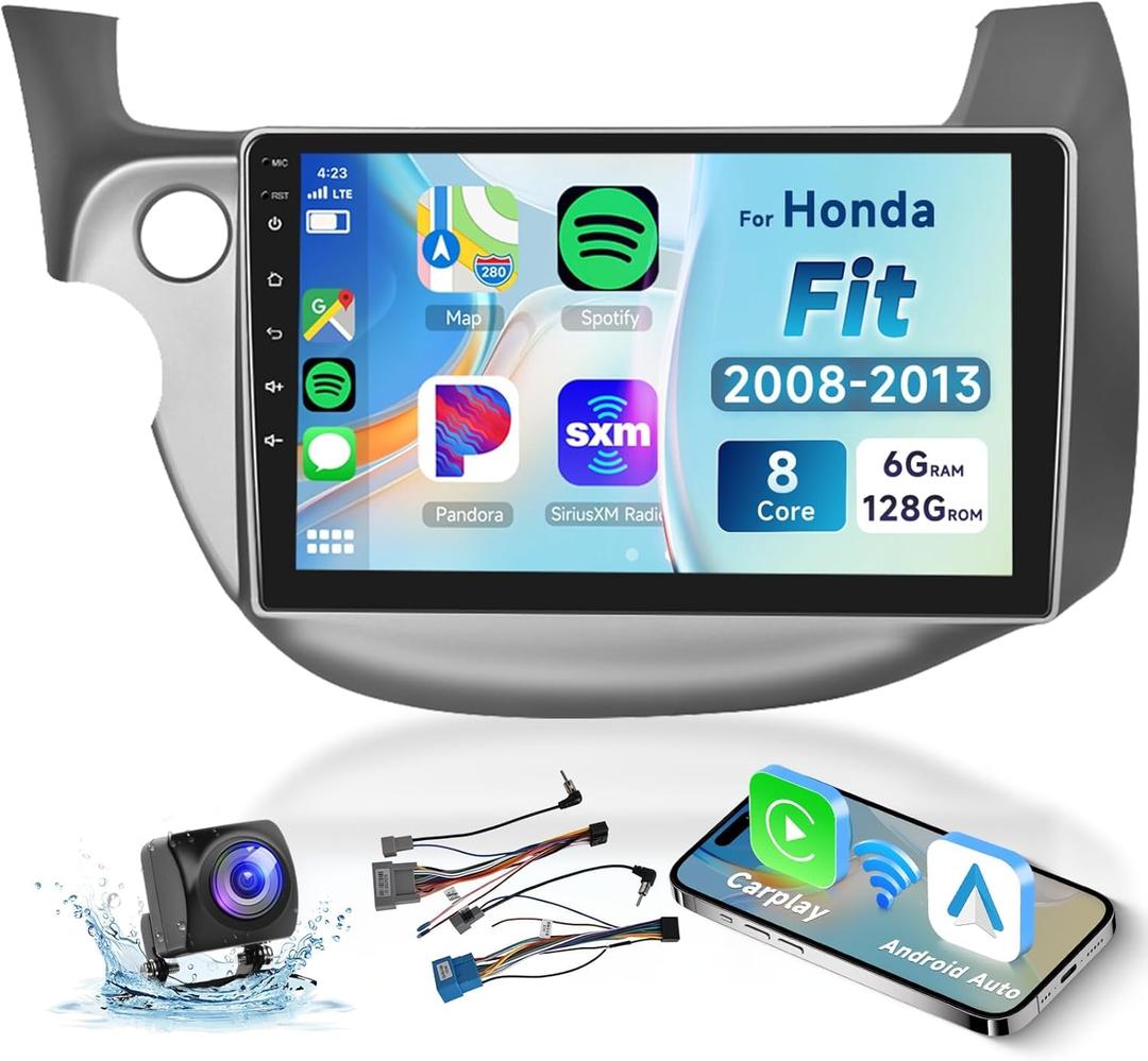 8 CORE 6G+128G Car Radio for Honda Fit 2008-2013 with Wireless CarPlay/Android Auto, Podofo 10.1 1280 * 720P IPS Touch Screen Stereo Android 13 GPS WiFi Bluetooth DSP SWC + HD Backup Camera