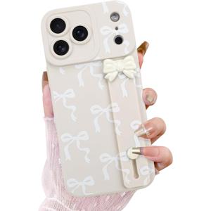 OOK Wrist Strap Case for iPhone 17 Pro, White Bow | With Screen Protector, Adjustable Wristband Kickstand, Slim Soft TPU Protective Cover for Girls & Women