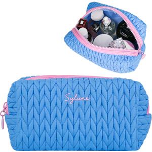 Sylune Knitty Bag  Blue Quilted Makeup Bag for Women, Lightweight Waterproof Cosmetic Organizer, Soft Nylon Travel Pouch, Elegant Gift Choice