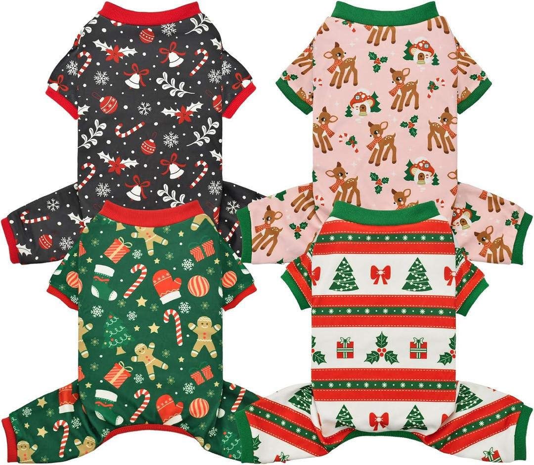 4-Pack Christmas Dog Pajamas Xmas Pet Clothes Warm Fleece Puppy Cat Jammies Christmas Dog Onesie Outfit Pet Four Leg Shirt Jumpsuit Costume for Small Dogs XS