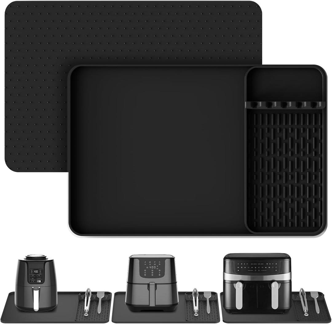 Silicone Heat Resistant Mats for Countertop,24x16 Inch Air Fryer Mat with Kitchen Accessories Holder Pad for Microwave/Oven,Compatible with Ninja/Cosori/Chefman/Toshiba,Kitchen Countertop Protector (Black)