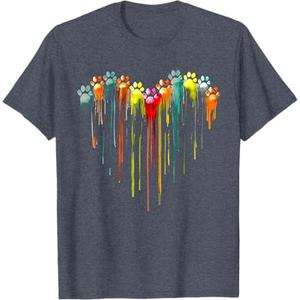 Colorful Dog paw Heart Print Watercolors Painting Heart Dogs T-Shirt, Heather Blue Size Small