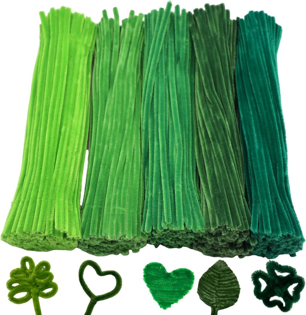 500 Pcs Green Series Pipe Cleaner Craft Set in 5 Assorted Colors,Fluffy Pipe Cleaners Chenille Stems for Christmas DIY Decorations,Art Projects