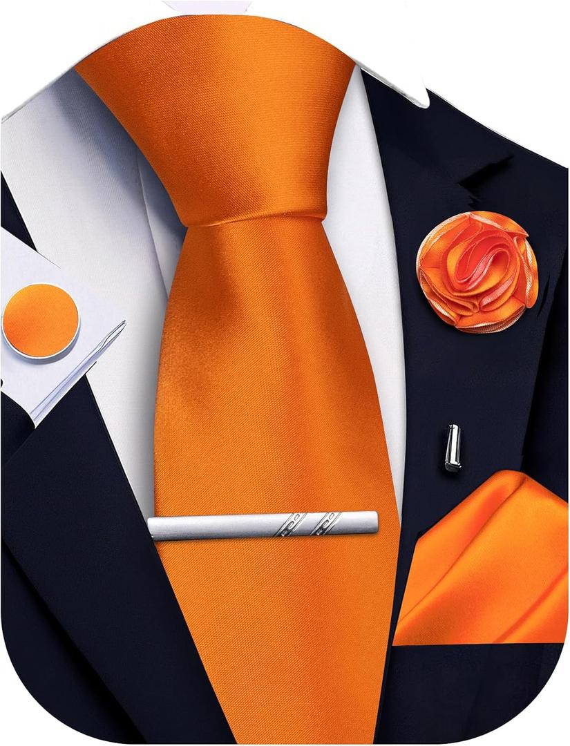 Solid Color Ties for Men Silk Satin Necktie and Pocket Square Cufflinks Tie Clip Lapel Pin Set Wedding Business 5PCS (Orange)