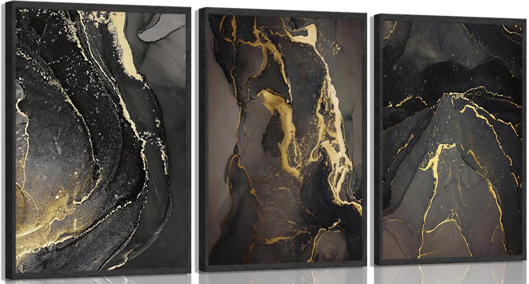 Kyiyhzp 3Pcs Abstract Black Gold Wall Art Modern Minimalist Wall Decor Prints Black gold grey pictures Marble painting artwork for Living Room Bedroom Office Home Decoration 16x24in Poster