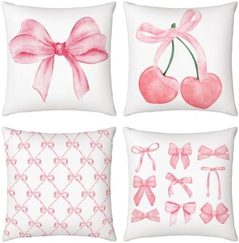 Mixweer 4 Pcs 18 x 18'' Coquette Pillow Covers Pink Bow Pillow Covers Watercolor Aesthetic Room Decoration for Bedroom Livingroom Bedroom Decor