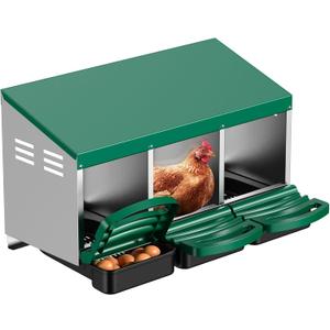 Chicken Nesting Boxes, Roll Away Nesting Box for Chickens 3 Compartment, Roll Out Egg Laying Boxes for Hens, Metal Nesting Box with Egg Collection Drawer & Protective Lid, Green