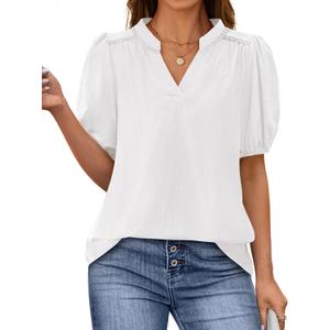 PRETTYGARDEN Womens Casual Summer Tops 2025 V Neck Short Puff Sleeve Pleated Cotton T Shirts Loose Dressy Blouses (XX-Large)