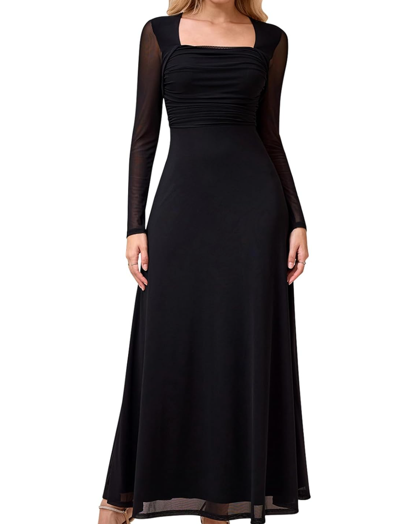 GLNEGE Fall Long Sleeve Wedding Guest Maxi Long Dress Mesh A-Line Flowy Square Neck Ruched Cocktail Dresses for Women M