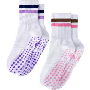 Sofier Pilates Grip Socks Women Crew Athletic Yoga Non-Slip Barre Slipper Workout Hospital Stripe (One Size, Purple/Pink)