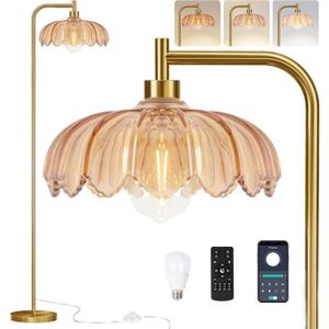 Gold Floor Lamp for Living Room, Bedroom, Mid Century Modern Standing Lamp with Remote, Dimmable Brass Tall Lamp Glass Lamp Vintage Retro Arc Floor Lamps Flower Floor Light Boho Bohemian