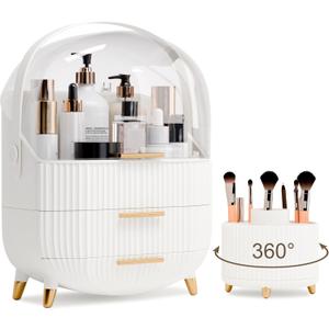 lurcns Makeup Organizers and Storage Make up Organizer for Vanity Cosmetics Skincare With Lid and Drawers Display Cases for Countertop Bathroom Women Teenager Girl Gifts(White+Brush Holder)