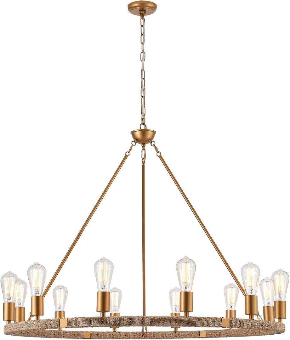 12-Lights Wagon Wheel Chandelier Bohemia Hand Woven Rattan Chandelier Farmhouse Large Pendant Light for High Ceilings Living Room Dining Room, Brass, Dia 42 Inch, UL Listed