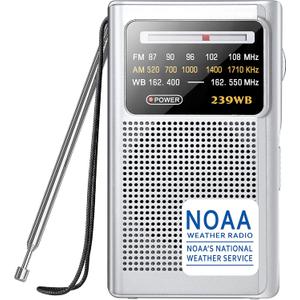 Greadio NOAA Weather Radio, AM/FM Battery Operated Transistor Portable Radio with Best Reception,Stereo Earphone Jack,Powered by 2 AA Battery for Emergency,Hurricane,Running, Walking,Home (Silver)
