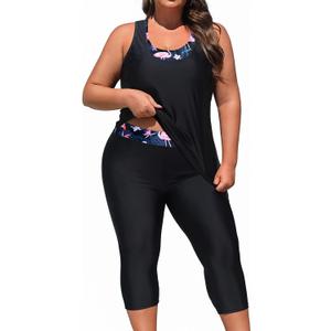 Yonique 3 Piece Plus Size Swimsuits for Women Tankini Tops with Sports Bra and Swim Capris Athletic Bathing Suits (Black & Flamingo), Size 24 Plus