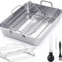 Baderke 5 Pcs Roasting Pan with Rack Set, 10 x 12 Inch Stainless Steel Roasting Pan Set Adjustable V Shaped Turkey Baking Rack for Grilling Dishwasher and Oven Safe