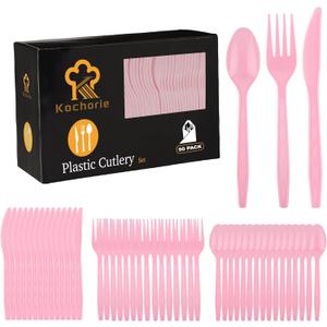Kochorie 90 Pieces Pink Plastic Cutlery Set Disposable Plastic Utensils Heavy Duty Flatware Set Includes 30 Knives 30 Forks 30 Spoons for Party Wedding Birthday