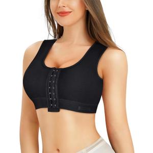 BRABIC Women Front Closure Post Surgery Compression Everyday Bras for Mastectomy Support with Adjustable Straps Wirefree (Large, Black)