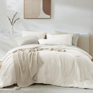 WRENSONGE Queen Comforter Set - 7 Pieces White Soft Bed in a Bag Queen with Fitted Sheet, Flat Sheet, 2 Pillow Shams, and 2 Pillowcases- Warm Bedding Sets for All Season