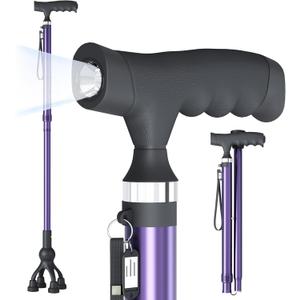 Walking Cane with LED Light for Seniors Men Women, Adjustable Folding Canes for Elderly, Ergonomic Handle & All Terrain Shock Absorbing Base, Walking Sticks for Indoor Outdoor Travel Hiking Support (Purple)