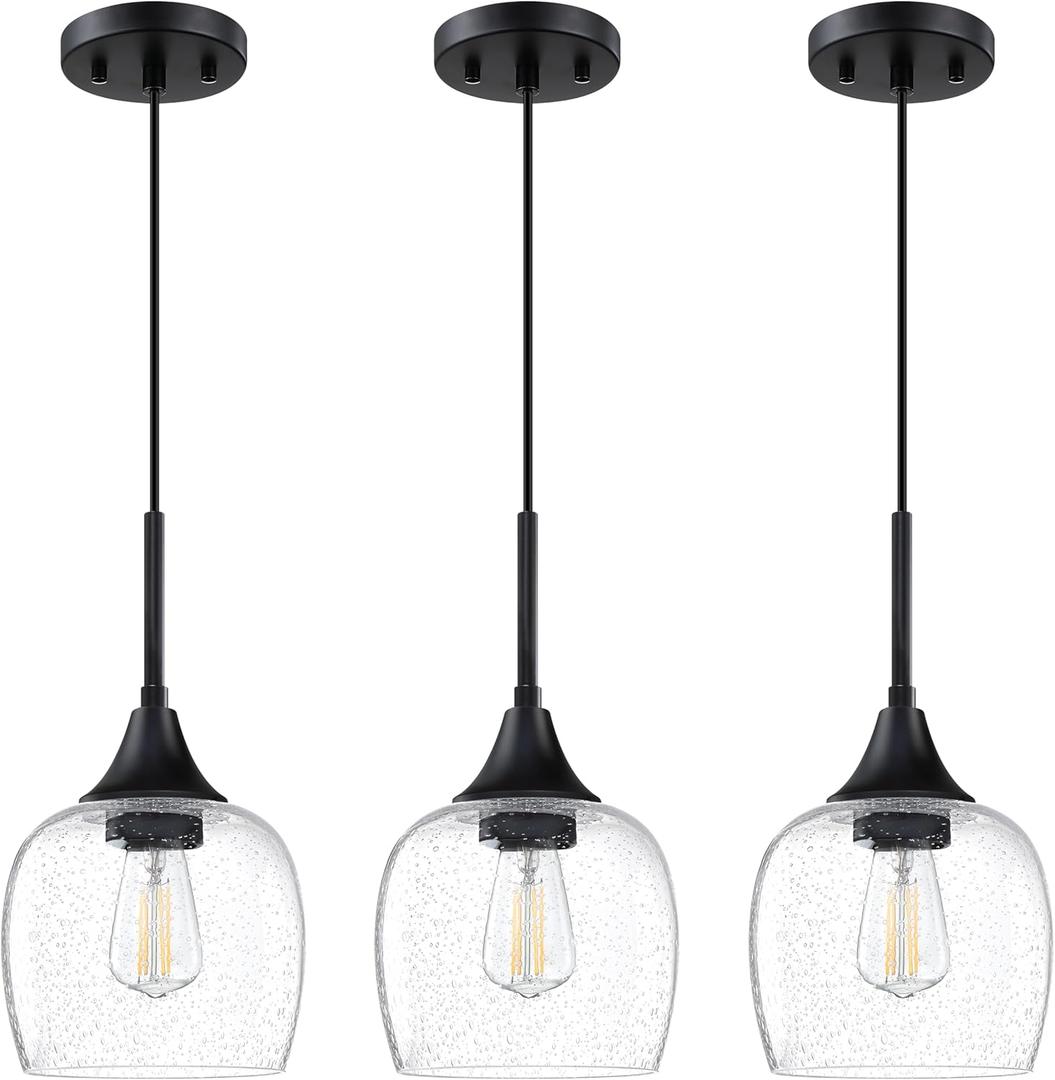 3 Pack 1 Light Kitchen Island Indoor Pendant Ceiling Light 6.11" Clear Seeded Glass Shade Fixture,Adjustable Cord Black Finish for Bar,Dining Room,Over Sink Bedside