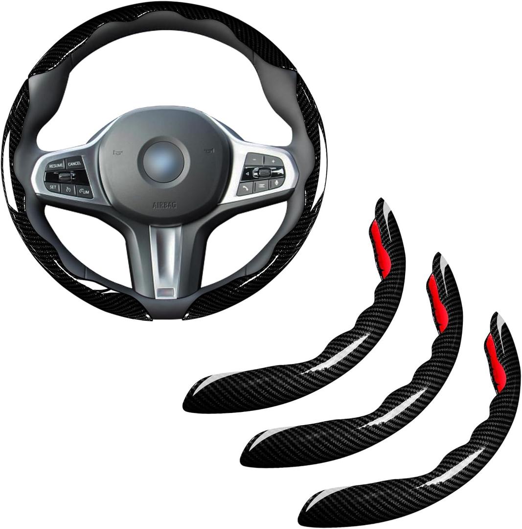 Car Steering Wheel Cover Set Bright Carbon Fiber Wrap Non-Slip 3pcs Steering Wheel Accessories 14.5-15 inch Universal (Black)