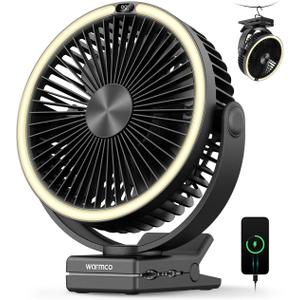 Warmco 15000mAh Portable Clip on Fan Rechargeable, 8 Inch Battery Powered Desk Fan, LED Lantern & Hook, 360° Rotate & 4 Speeds Strong Airflow for Camping Tent Office Outdoor Travel Golf Cart