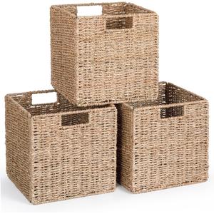 10.5 x 10.5in Cube Seagrass Storage Baskets, Foldable Square Wicker Storage Baskets for Shelves Set of 3, Large Cubby Rattan Basket, Collapsible Cube Storage Bins