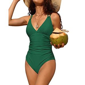 Charmo Tummy Control One Piece Bathing Suits for Women Ruched V Neck Swimsuits Strappy Monokini Green, Size X-Large