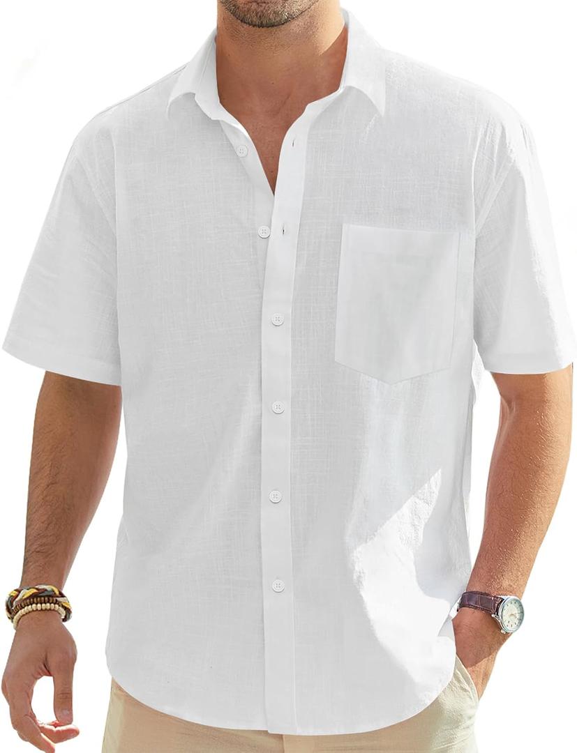 J.VER Men's Linen Short Sleeve Shirts Cotton Casual Lightweight Button Down Shirt Beach Vacation Summer Tops with Pocket (Large, White)