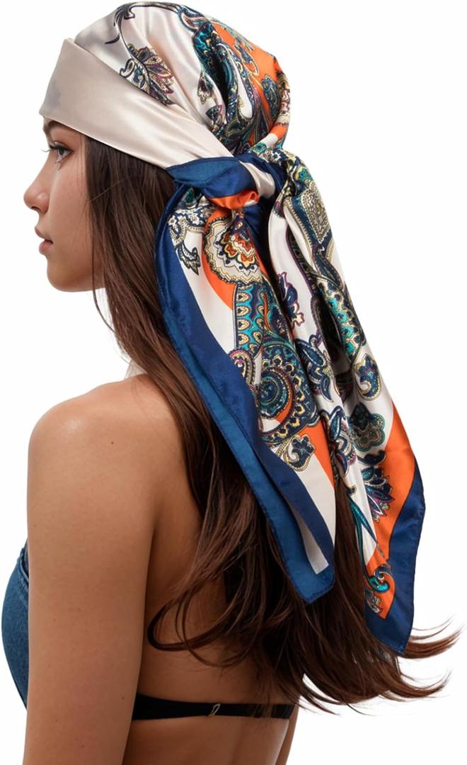 RIIQIICHY Head Scarf for Women Like Silk Scarf Hair Scarf Printed Square Scarf Bandanas for Women 35 Inches (Beige/Orange/Navy)
