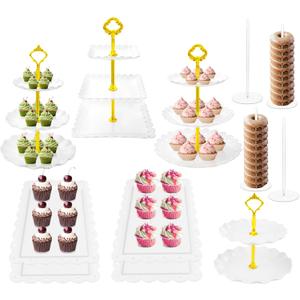 12 Pcs Cupcake Stand Set - White Plastic Dessert Table Display Set, 4 x Cupcake Stands Cookie Tray Rack Serving Tower, 4x Acrylic Donut Stands, 4x Dessert Trays for Wedding Baby Shower Tea Party