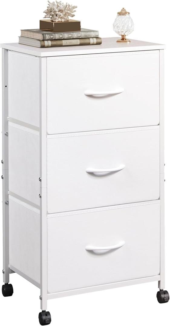 WLIVE Dresser with 3 Drawers, Fabric Nightstand, Cabinet with Wheels, Organizer Storage Dresser for Bedroom, Office, Entryway, Closets, Sturdy Steel Frame, Wood Top, Easy Pull Handle, White