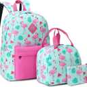 Flamingo School Backpack for Teen Girls, 3-in-1 Kids Backpack Bookbag Set School Bags with Lunch Box Pencil Case