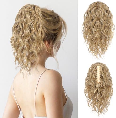 FLUFYMOOZ Ponytail Extension, 12" Short Claw Ponytail Extension Wavy Curly Jaw Clip in Pony tails Hair Extension Natural Synthetic Hairpiece for Women (Golden Blonde with Highlights)