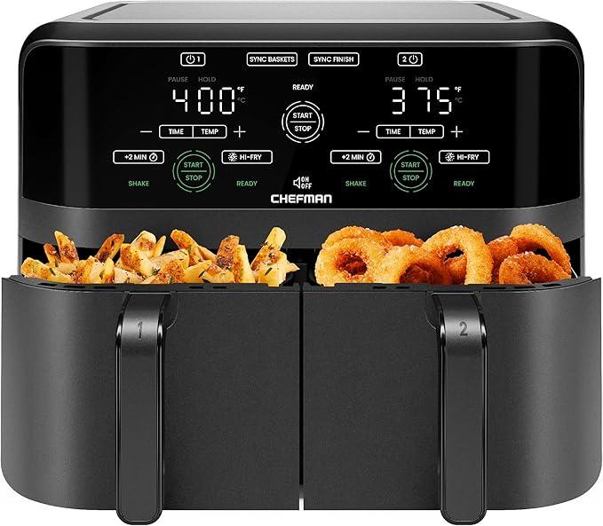 CHEFMAN 6 Quart Dual Basket Air Fryer Oven with Easy View Windows, Sync Finish, Hi-Fry, Auto Shutoff, 2 Independent 3Qt Nonstick Dishwasher Safe Frying Baskets, Digital Double Air Fryer - Black