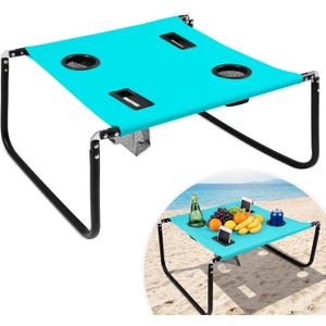 Portable Beach Table Foldable Camping Picnic Table with Cup Holder and Phone Pockets Lightweight Stable for Tailgate Travel Fishing Hiking and Outdoor Adventures(Lake Blue,Solid Pattern)