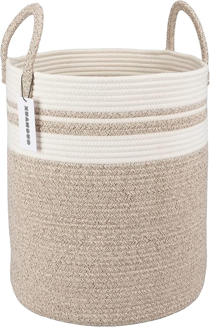 XUANGUO Cotton Rope Laundry Basket Hamper for Clothes Woven Storage Basket for Living Room Bedroom Boho Tall Rope Baskets for Blanket Toys Pillow Towels Baby Nursery Hamper Bin Large brown and white, Regular