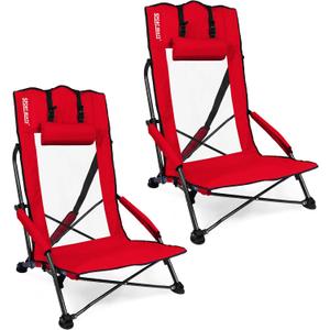 SPORT BEATS Low Beach Chairs Set of 2 Folding Beach Chairs High Back Support with Head Pillows Shoulder Straps (Red)