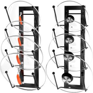 8 Layers of Adjustable Pot Lid Organizer Rack for Cabinet Door/Wall2Pack Lid Organizer Pots and Pans Holder for Kitchen Storage with No Drilling Adhesive (Black)