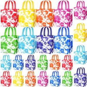Teling 24 Pcs Large Hawaiian Party Favor Tote Bags 15lb Non Woven Hibiscus Goodie Gift Bag with Handles Luau Tropical Aloha Tiki Summer Birthday Party Supplies