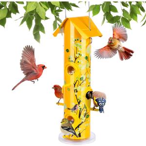 Kingsyard Metal Bird Feeders for Outdoors Hanging, 6-Ports Tube Bird Feeder, 14 inch, Durable & Weatherproof, Large Capacity for Attracting Wild Birds (Yellow)