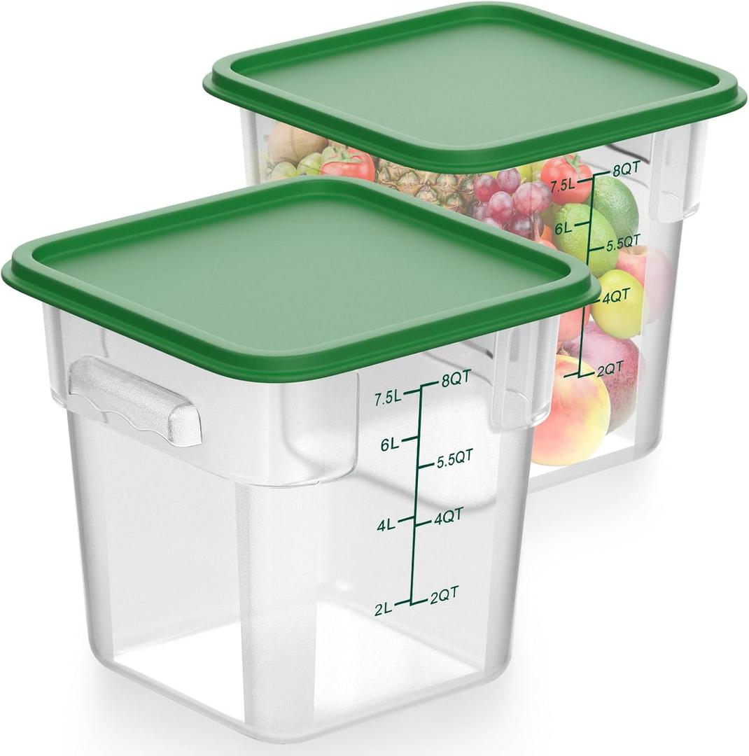 2 Pieces Square Food Storage Containers Polycarbonate Clear Food Container with Lid Commercial Food Storage with Graduations for Commercial Kitchen Dough Marinating Meat(Green, 8 Qt)