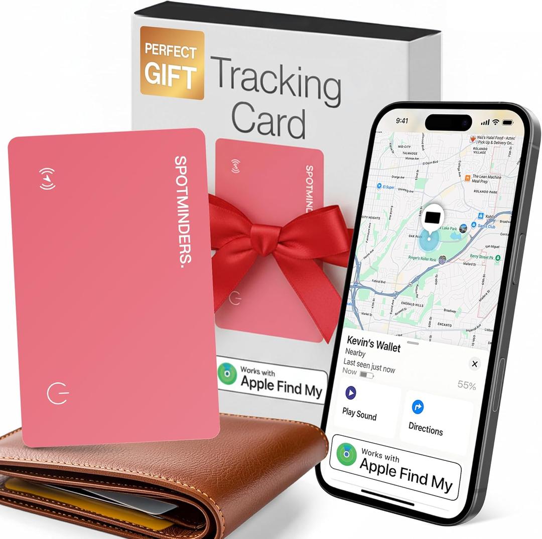 SPOTMINDERS Apple MFi Certified Wallet Tracker Gifts for Women (iOS Only) Works with Apple Find My IP68 Rechargeable Tracking Card 0.07in Slim Bluetooth iPhone Item Finder for Luggage, Tags, Purse (Pink (Pack of 1))