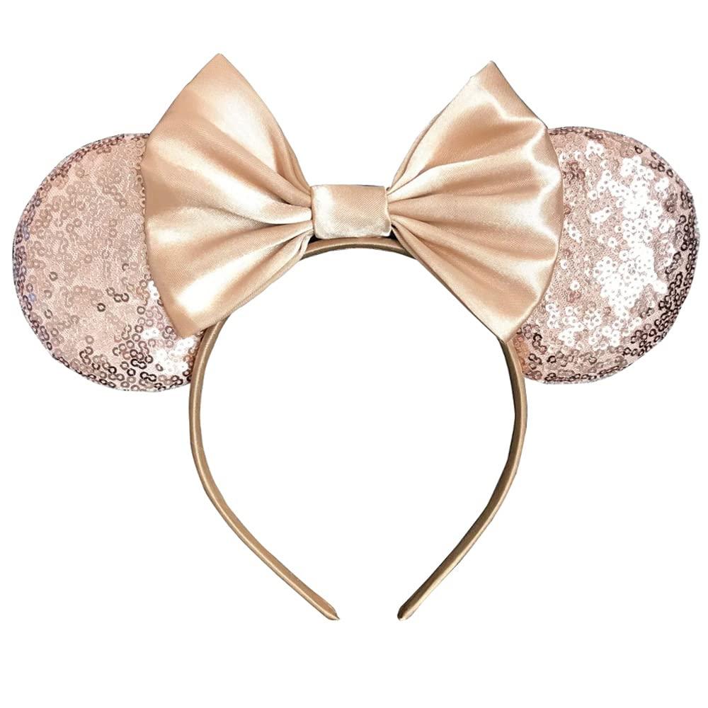 Foeran Mouse Ears Headbands, Sequin Mouse Ears Headband with Bow for Kids Adults Women, Accessories for Birthday Party Cosplay Costume (light gold bow) (1 Count)